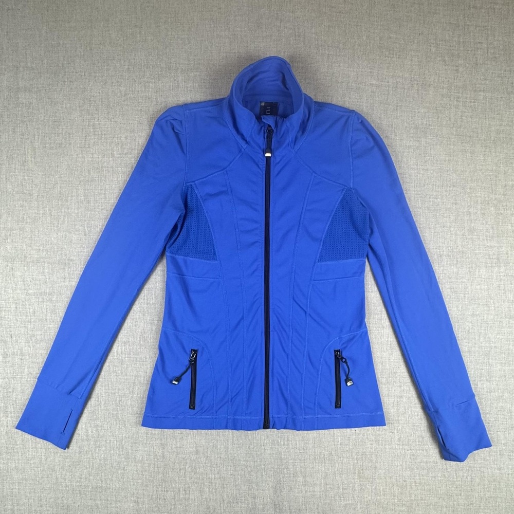 Lorna Jane LJ Black Track Jacket Womens Medium Blue Full Zip Thumbholes Mesh